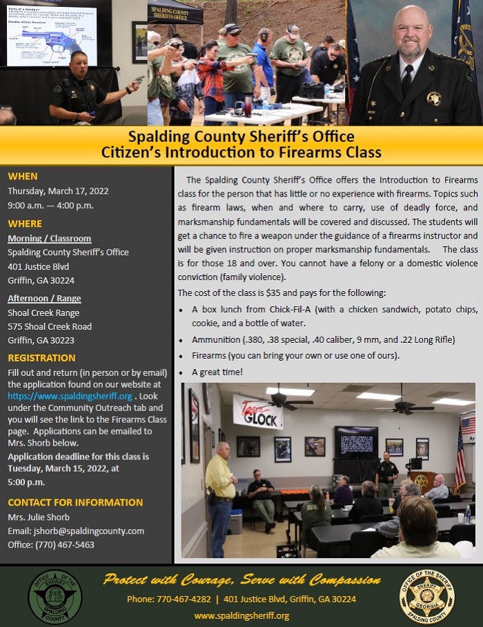 Spalding County Sheriff's Office Introduction to Firearms Class Flyer